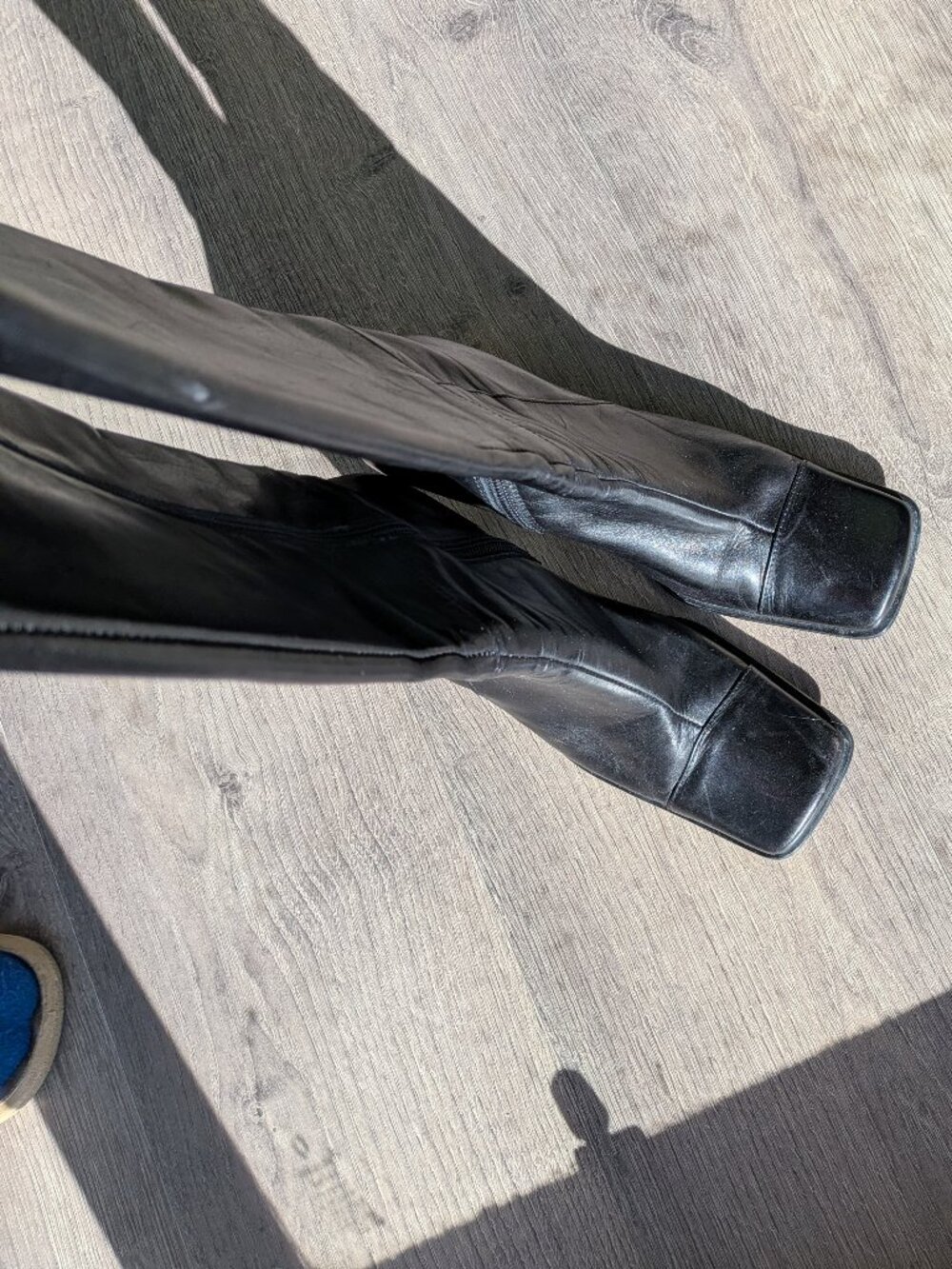 Vintage 90s Black Leather Square Toe Tall Boots Curved Heel Made in Italy 37